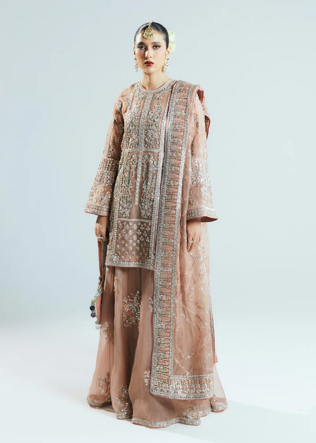 Dune nude organza short shirt and sharara with silver-toned handwork, full-length front view